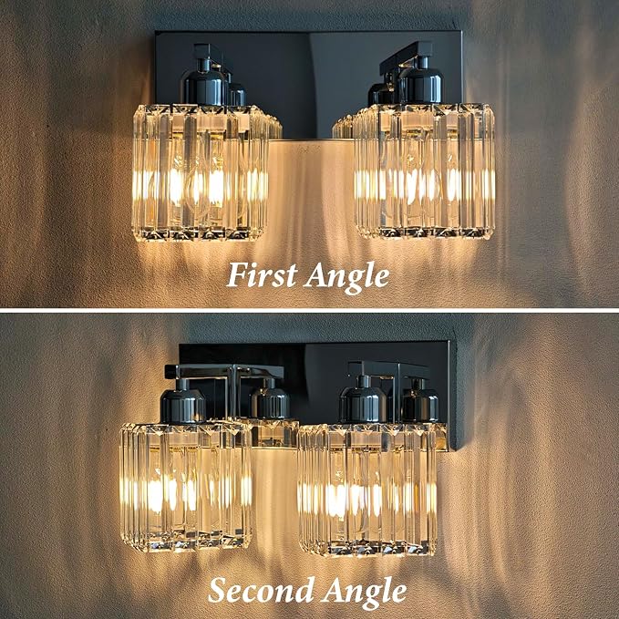 Brushed Chrome Crystal Bathroom Vanity Light, 2-Light Modern Bathroom Lighting Fixtures Over Mirror,Chrome Wall Sconce Light Fixtures with Square Shade