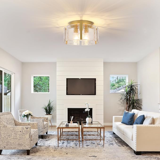15" Gold Semi Flush Mount Ceiling Light, 3-Light Modern Drum Glass Dining Light Fixture, Dimmable Ceiling Mount for Hallway Entryway Foyer, Kitchen Over Island, Bedroom Bathroom Laundry Room Farmhouse