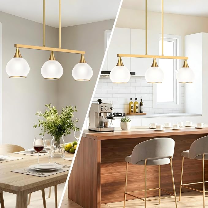 Kitchen Island Linear Pendant Light, 3-Light Gold Dining Room Chandelier with White Glass Globe Shades, Modern Linear Lighting Fixture Over Table