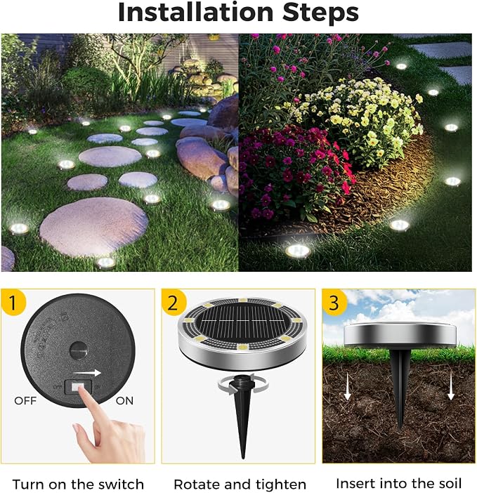 2 Pack Solar Ground Lights Outdoor, 8 LED Mini Flat Solar Disc Lights, IP65 Waterproof Pathway Lights Solar Powered, Landscape Lighting for Garden Walkway Driveway Yard Lawn,Cool White