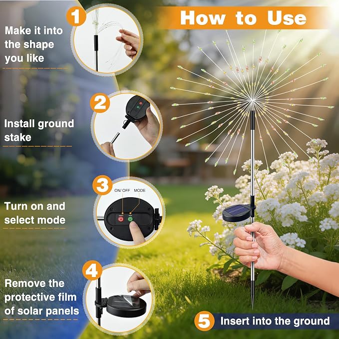 btfarm 10 Pack Solar Garden Lights Outdoor, 8 Modes Firework Lights Outside | 120LED, Waterproof Fairy Twinkle Light Solar Powered for Yard Christmas Pathway Lawn Pool Patio Decorative, Multicolor