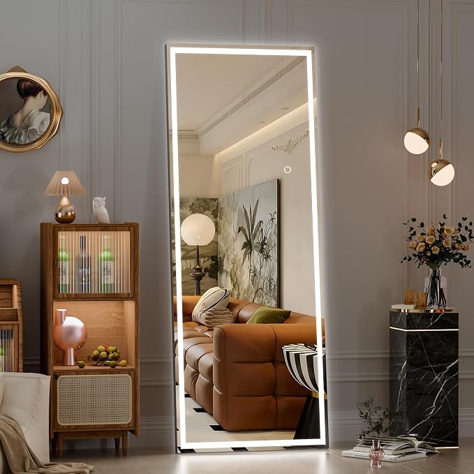 Hasipu Full Length Mirror with Lights, 67" x 22" LED Lighted Floor Standing, Full Body Dressing Hanging Mounted Mirror, Tempered Glass, Square Black