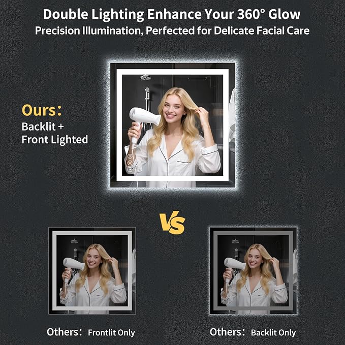 30"x32" LED Bathroom Mirror with Lights, Anti-Fog, Backlit+Frontlit | CRI 95, Stepless Dimmable, 3 Colors Lighting, Shatterproof Tempered Glass, HD Reflection, Memory, (Horizontal/Vertical)
