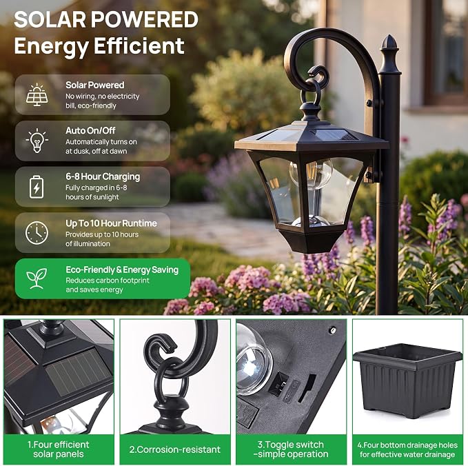 Solar Lamp Post Light with Planter, 2 in 1 Decorative Outdoor Solar Light | Dusk to Dawn, Cool White LED Light, IP44 Waterproof, 4 Solar Panels, Energy Saving, No Wiring Required, Porch, Patio, Garden.
