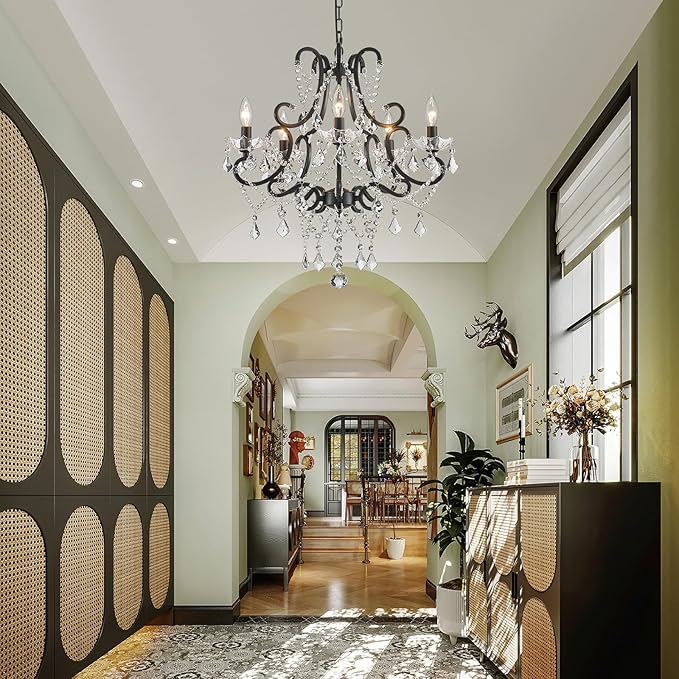 Black Crystal Chandelier, 5-Light Modern Black Chandelier for Dining Room Light Fixture, Crystal Pendant Ceiling Light Fixture, Modern Candle Chandelier for Living Room Kitchen Island Entryway Bedroom