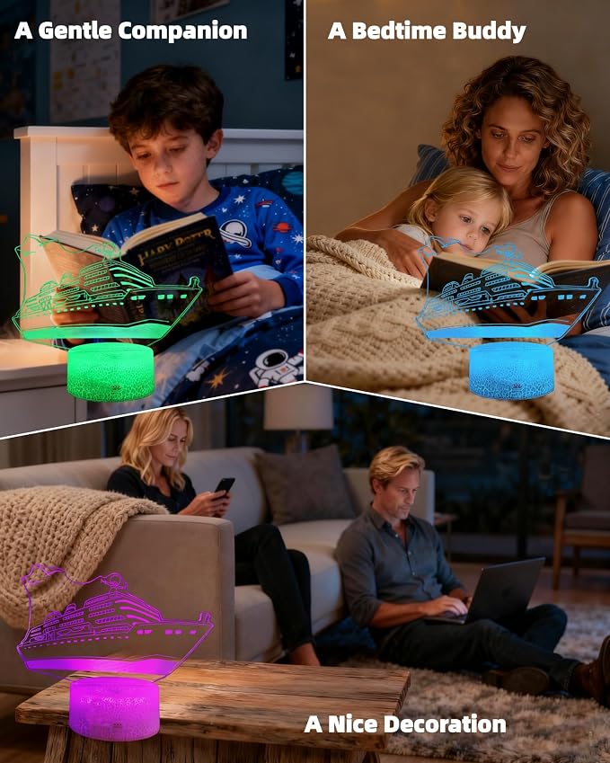 Cruise Ship 3D Illusion Night Light, 16 Colors Changing, Toy Lamp | Dimmable, Touch & Remote Control, Boys Girls Bedroom Room Decor, Birthday Christmas Gift Souvenirs for Toddler Kid Teen