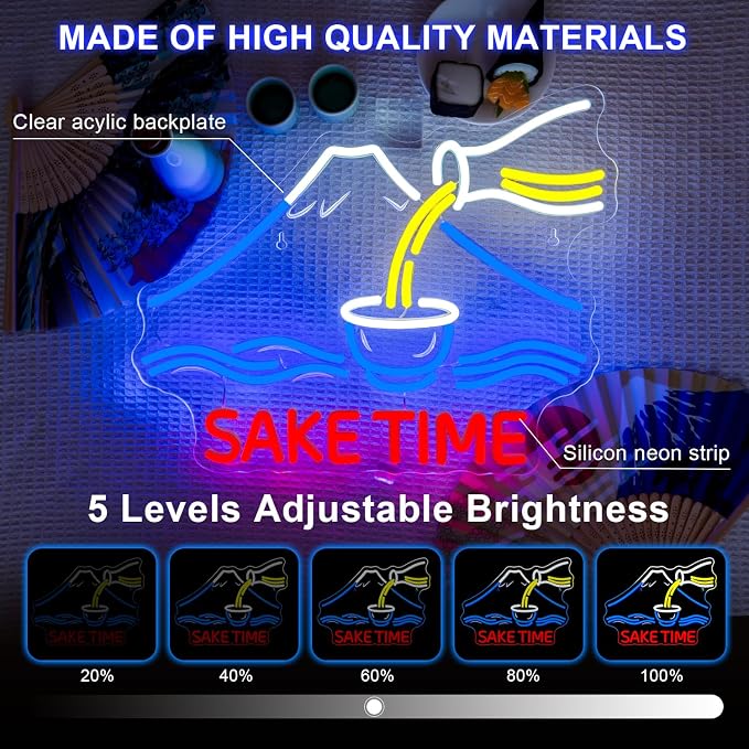 Sake Time Neon Signs for Wall Decor Bar Neon Light Up Bar Home Bedroom Sake LED Signs for Japanese Art Wall Decor Mount Fuji LED Light Gifts for Anime Lover Party