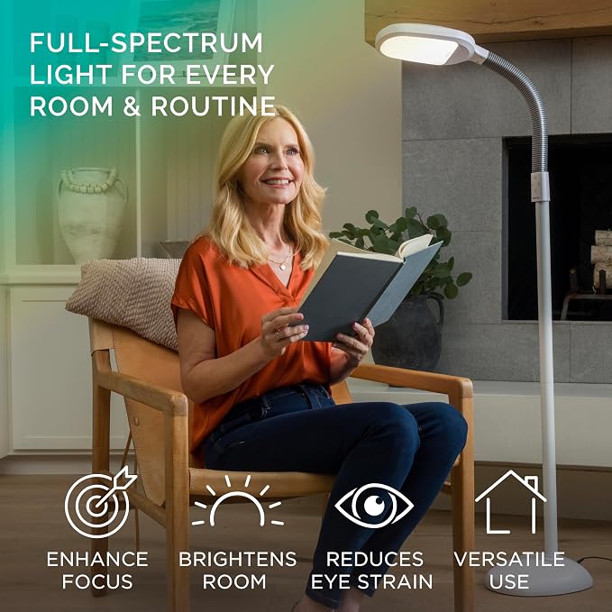 Verilux SmartLight Full Spectrum LED Modern Floor Lamp with Adjustable Brightness, Flexible Gooseneck and Easy Controls - Reduces Eye Strain and Fatigue - Ideal for Reading, Artists, Craft (White)
