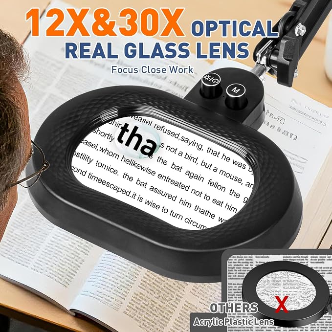KIRKAS 12X 30X Magnifying Glass with Light, 3-axis Rotation Magnifying Lamp | 35in Long Arm LED Lighted Magnifier Real Glass Lens for Repair Craft Sewing Workbench, Knob Stepless Dimming and Color
