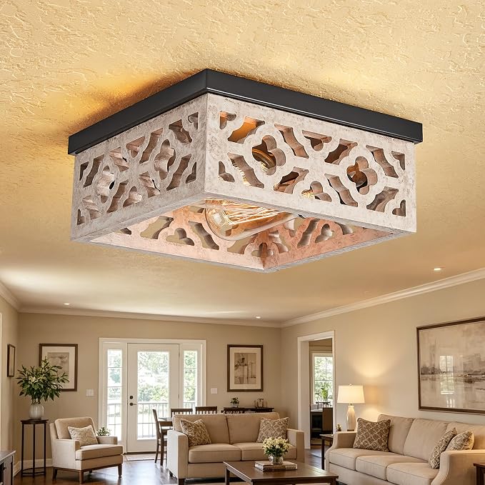 Tarentlight Farmhouse Flush Mount Ceiling Lights, Matte Black Metal & Distressed White MDF Vintage Close to Ceiling Light Fixtures for Kitchen Bedroom DiningRoom Hallway Entryway Foyer Closet Laundry