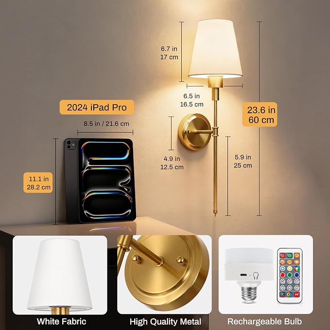 Battery Operated Wall Sconce: Set of 2 Wireless Wall Light 12000mAh | 15 Color Rechargeable Wall Sconces, Sconce Wall Decor Set of 2 for Bedroom, Living Room, Gold, 24.6in