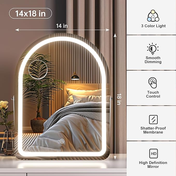 Hasipu Vanity Mirror with Lights and Bluetooth Speaker, 13.8"× 18" Arched LED Makeup Mirror, Lighted Makeup Mirror with Lights, Smart Touch Control Dimmable 3 Modes Light 360°Rotation White