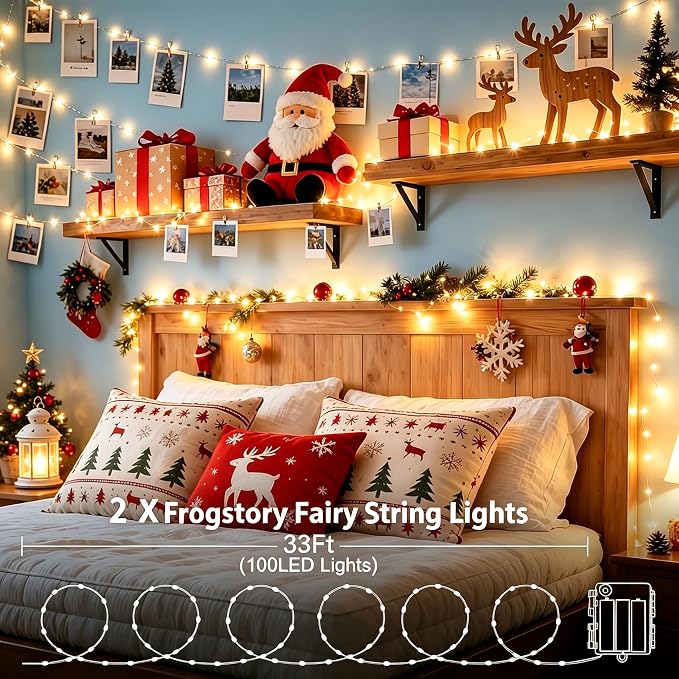 2 Pack Battery Operated LED Fairy Lights with Remote, 33ft 100LED Warm White Twinkle Lights, Waterproof String Lights for Bedroom with Reel for Wedding Party Christmas Decor