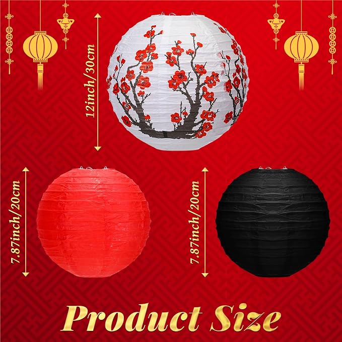 Mudder 20 Pack Japanese Sakura Paper Lanterns, Red Black White Hanging Lantern Decorations, Asian Zen Theme Party Decor for Hibachi Birthday Wedding Restaurant Home Decoration