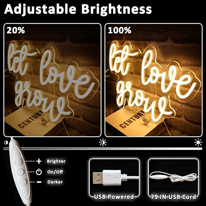 Let Love Grow Neon Sign for Wedding Dimmable Warm White 16.54 x 11.85" Led Sign for Bridal Shower Engagement Neon Light for Wedding Ceremony Succulent Bar Party Home Wall Art Bedroom Decor