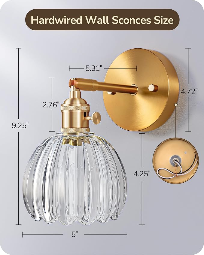 EDISHINE 2-Pack Brass Gold Sconces, 180° Adjustable Tulip Glass Wall Lamps | Hardwired, Rotary ON/OFF Switch, E26, Vintage & Modern Style for Bathroom, Bedroom, Hallway