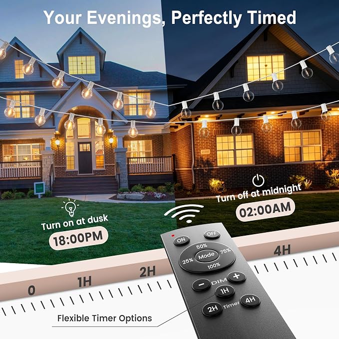 Outdoor-String-Lights with Remote 30FT Waterproof lights for Outside Patio | 12 inch Spacing,White Cord String Lights,Connectable Dimmable Patio Lights with Remote,Timer,3 Modes for Backyard, Bistro