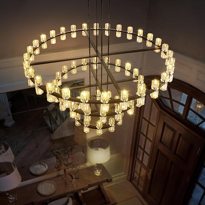 3 Tier Black Large Wagon Wheel Chandelier, 124-Lights Farmhouse Pendant Light Fixture, Rustic Round Chandelier for Foyer Entryway Living Room (Dia 59"+40"+24")