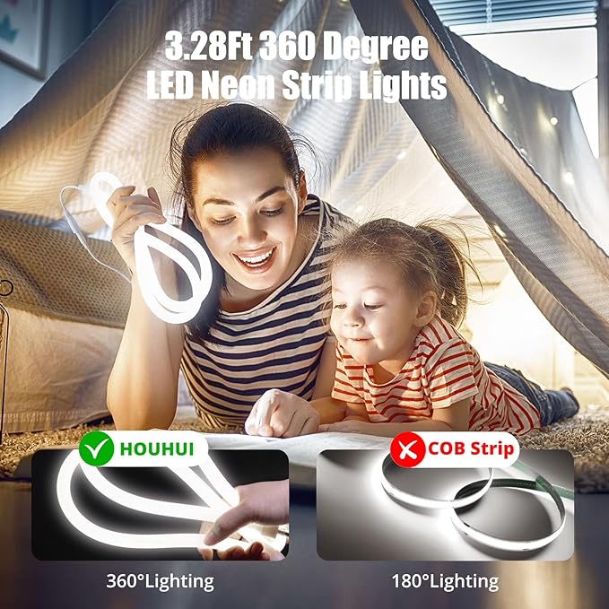 HOUHUI LED Neon Rope Light 360° Lighting,3.28Ft Round Tube 6500K White LED Strip Lights 360 Degree Illumination,IP65 Waterproof Flexible DIY Neon Rope Lights for Bedroom Gaming Room Wall Lights Decor