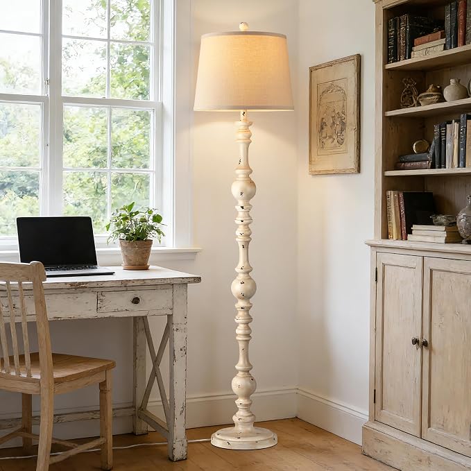QiMH 61" Vintage Floor Lamp for Living Room, Farmhouse Lamps, Shabby White | Rustic Tall Lamp for Bedroom, Linen Lampshade, Rotary Switch, Sturdy Base, Home Decor
