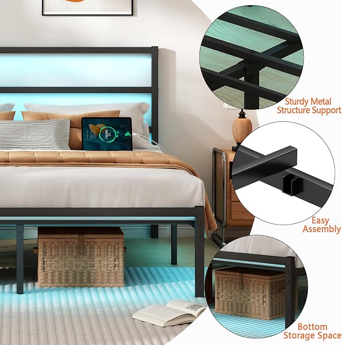 CLIBFENG Full Size Bed Frame with Headboard,Heavy Duty Steel Slats Support-LED Bed Frame with USB Charging Station,Mattress Foundation-Under Bed Storage,No Box Spring Needed,Noise Free，Black