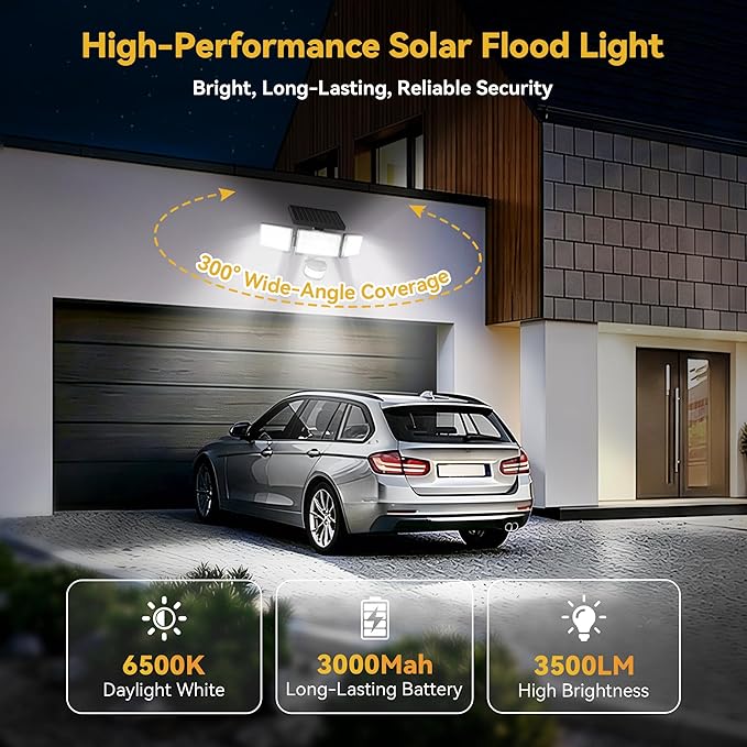 Solar Lights Outdoor, 3500LM 168 LED Motion Sensor Solar Flood Lights, 3 Heads 300° Wide Angle, 3 Modes IP65 Waterproof Solar Security Lights for Yard Garden Patio, 2 Pack (Black)