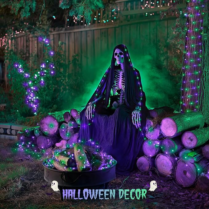 JMEXSUSS 200 LED Purple and Green Halloween Fairy Lights Plug in | 8 Modes Halloween Lights Indoor Outdoor with Wheel, 66 ft Remote Control Christmas Fairy Lights for Xmas
