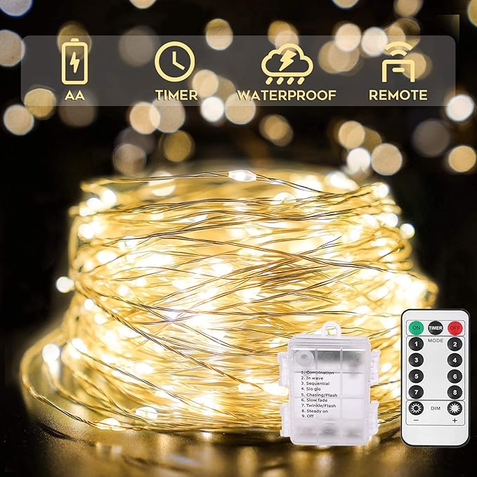 Fairy Lights Battery Operated 66ft 200 LED String Lights Remote | Fairy Twinkle Lights, For Bedroom Patio Garden Party Wedding, Indoor/Outdoor Use