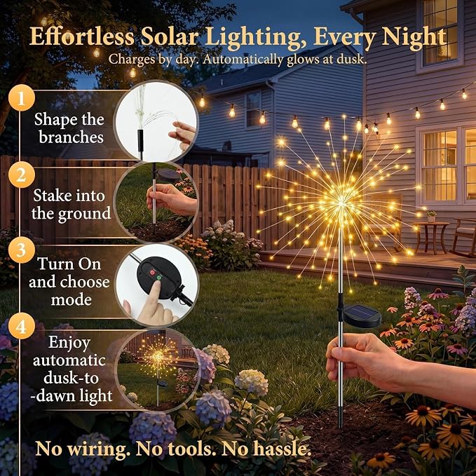 Solar Firework Lights Outdoor 4 Pack, 120LED Solar Starburst Garden Lights with 8 Modes,Waterproof Decorative Fairy Light for Backyard, Garden, Patio & Lawn Landscape Decor
