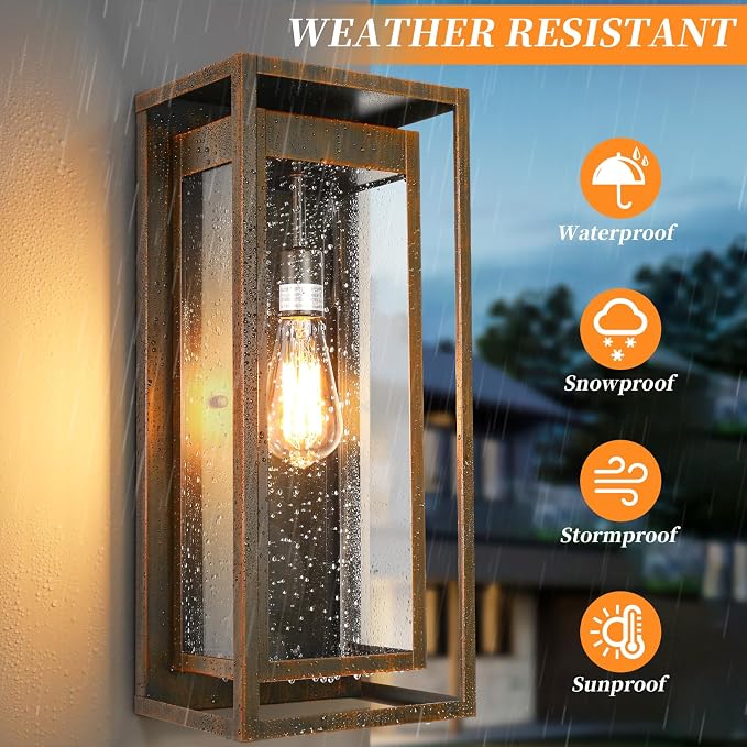 19" Large Outdoor Wall Light Fixtures,Distressed Brown Porch Light | Large Size, Anti-Rust, Waterproof, Tempered Glass, Easy Installation,2Pack Modern Exterior Sconces for House Garage