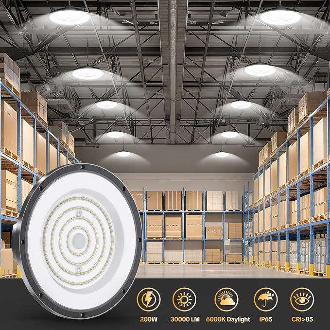 AIKVSXER 200W UFO High Bay Light 8 Pack, 6000K LED Shop Lights Plug & Play | 30000LM Commercial Bay Lighting IP65 Waterproof Garage Light, CRI>85 No Flicker, 120° Beam Angle, 5ft Cable 60000hrs Lifespan