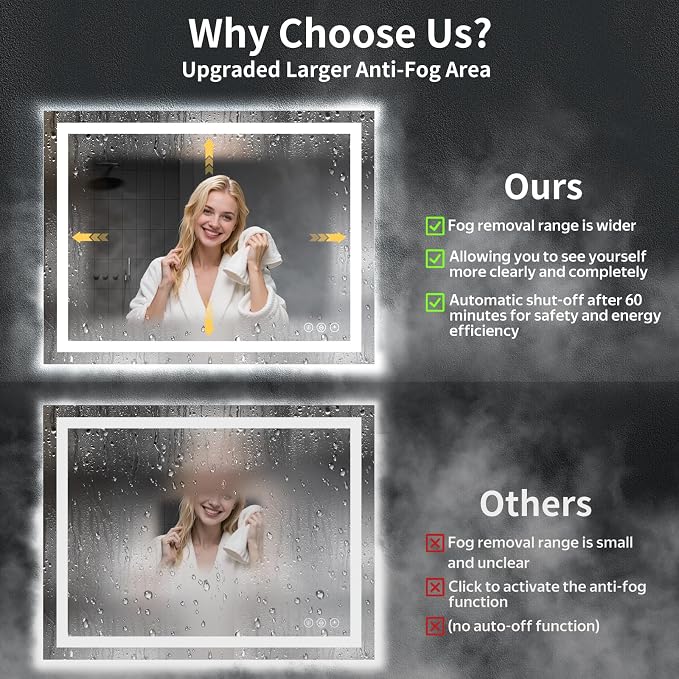 50"x40" LED Bathroom Mirror with Lights, Anti-Fog, Backlit+Frontlit | CRI 95, Stepless Dimmable, 3 Colors Lighting, Shatterproof Tempered Glass, HD Reflection, Memory, (Horizontal/Vertical)