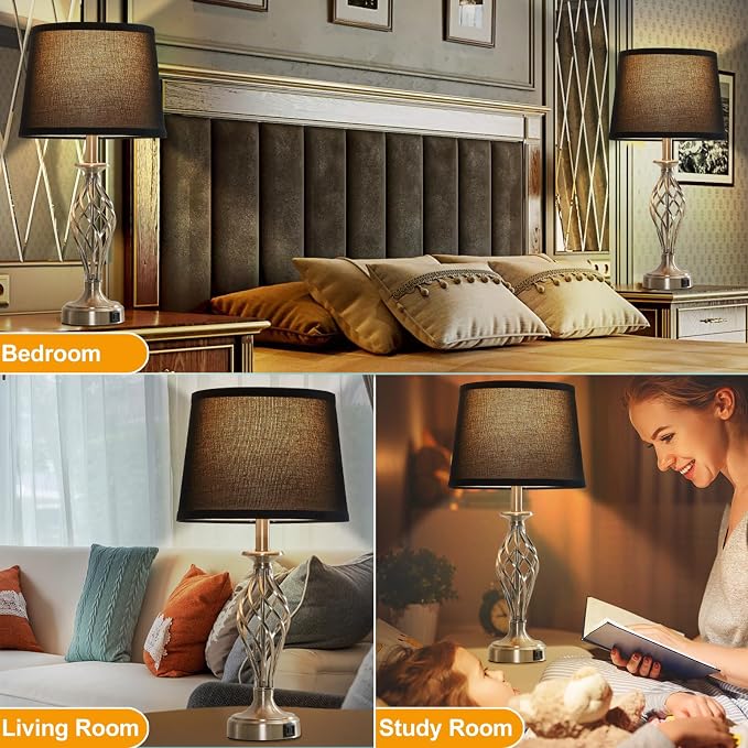 Table Lamp for Bedroom Set of 2 with USB C+A Ports, Modern Bedside Lamps with Spiral Cage Base, Fabric Shade, Nightstand Lamp for Living Room Reading Bed Side End Table, 2 LED Bulbs Included (Silver)