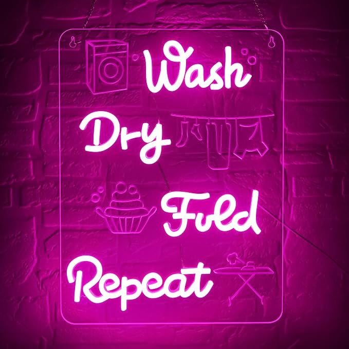 Wash Dry Fold Repeat Neon Sign for Wall Decor | Dimmable pink laundry neon light, bathroom home business wall decor, gift for home organizers, size 15.4*11.4 in