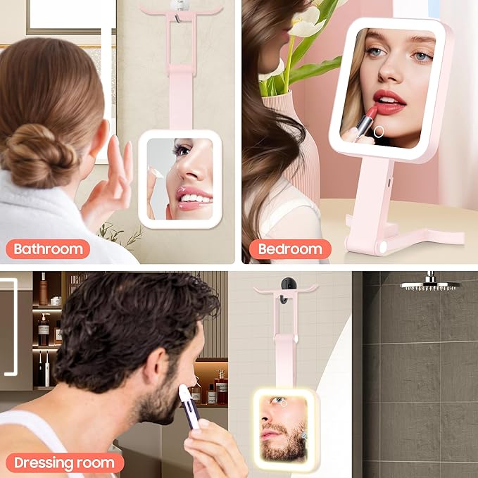 Magnifying Travel Mirror with Light, 30X/1X Double-Sided Magnifying Mirror with 3 Color Lights, Brightness Adjustable,Foldable Handheld Makeup Mirrors Portable for Travel and Desktop Use, Pink