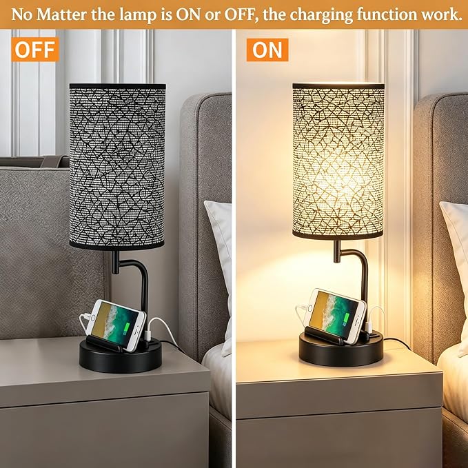 Dreamholder Touch Control USB Table Lamp with USB C/A & AC Outlet, 3-Way Dimmable Bedside Lamp, Modern Nightstand Lamps for Bedroom Living Room Guest Room Office, Bulb Included, Miracle Black
