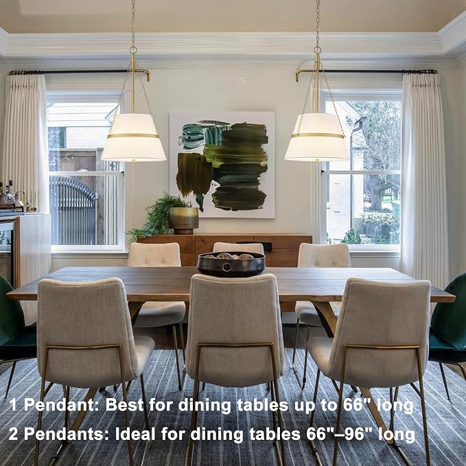 15.35" Gold Drum Chandelier, White Linen Pendant Light for Kitchen Island | Modern Transitional, 4-Light, 3 Side Chains, for Dining Room, Breakfast Nook, Home Office, Adjustable Chain 15.35"W x 28.35"H