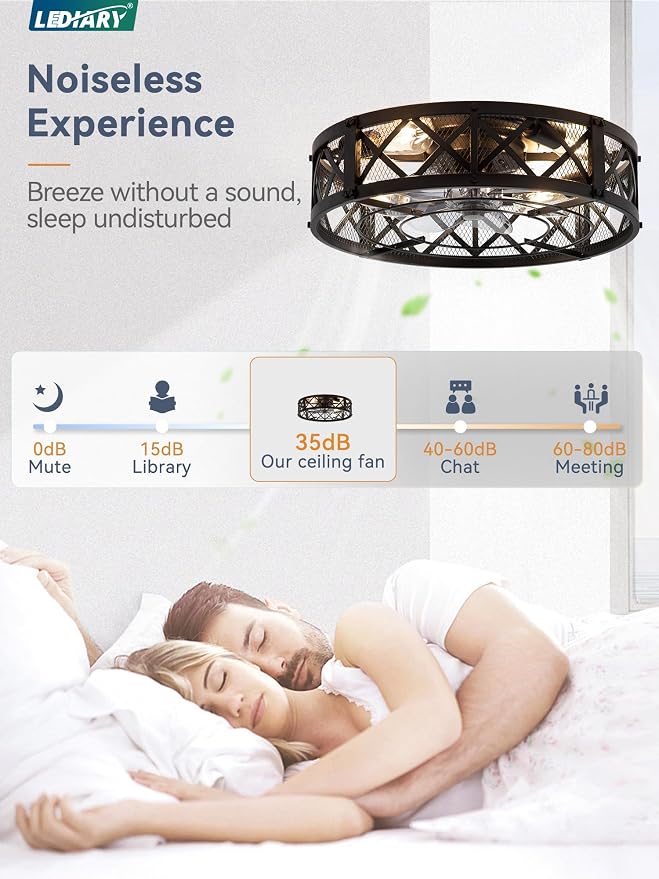 LEDIARY 20" Caged Farmhouse Ceiling Fan with Light, Flush Mount, Black | Remote&APP Control, Small Low Profile, Rustic Fandaliers, Industrial Bladeless Enclosed, Powerful Motor for Bedroom, Kitchen