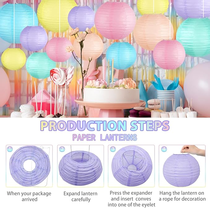 15-Pack Pastel Classroom Decor, Hanging Paper Lanterns for Parties | Macaron Rainbow Colors in 6, 8 & 10 Inch for Easter, Birthdays, Baby Showers, Weddings, Graduations, Mother's Day