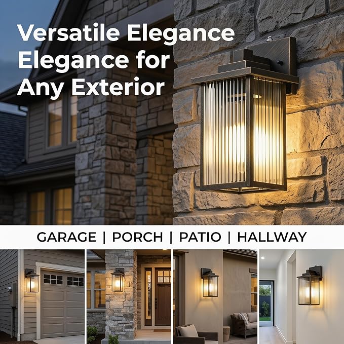 13" Black Brush Gold Dusk to Dawn Wall-Mounted Porch Light | Auto On and Off, Anti-Rust Metal Frame, Tempered Glass, E26 Socket, Easy DIY Install on Porch, Garage