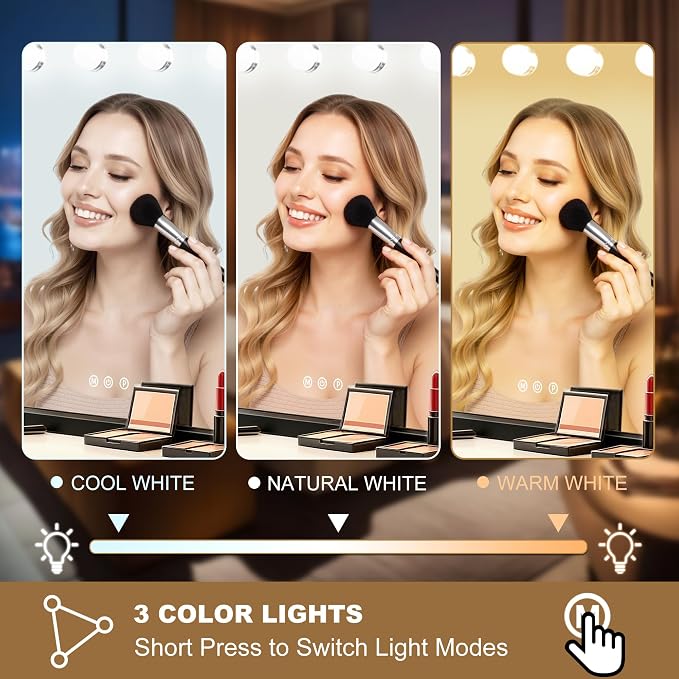 Ratsamee Black Hollywood Vanity Mirror with Lights, 17 Dimmable Bulbs, 3 Color Lights,Make Up Lighted Mirror, Aluminum Metal Frame, USB Charging Port（26" x 20"）