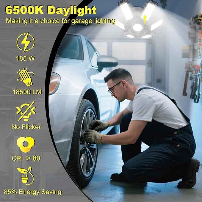 ISKYDRAW LED Garage Lights 185W, 8 Pack 18500LM Bright Shop Light with 6+1 Deformable Panels, 6500K Daylight Garage Ceiling Light Screw in E26/E27 Bulb Bay Lighting for Workshop Basement Barn Attic