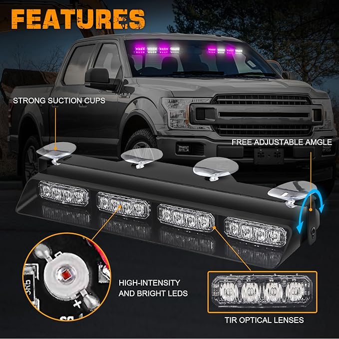 XRIDONSEN Purple White Emergency Dash Strobe Lights Safety Flashing Warning Hazard Interior Front/Rear Windshield Light Bar Deck Split w/Suction Cups for escort Vehicles Trucks (2x14 inch, 32 LED)
