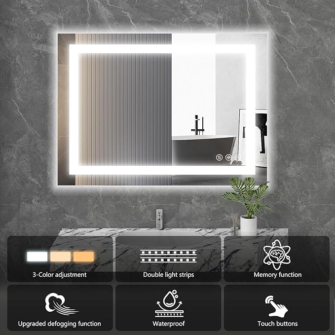 NEWBULIG 28X20 Inch LED Bathroom Wall Mirror with Lights, Light up Vanity Bathroom Mirror for Over Sink, Anti-Fog and Dimmable, Front Light and Backlit, Memory Function, Shatter-Proof, White