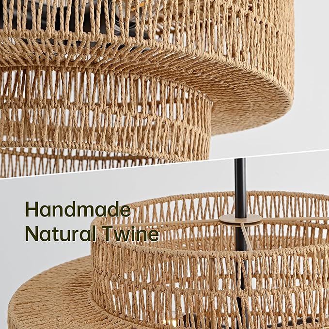 4-Light Boho Rattan Chandelier for Dining Room Light Fixture, 17.7” Black Rustic Pendant Light Farmhouse Hand Woven Wicker Light Fixture for Kitchen Island, Living Room, Bedroom