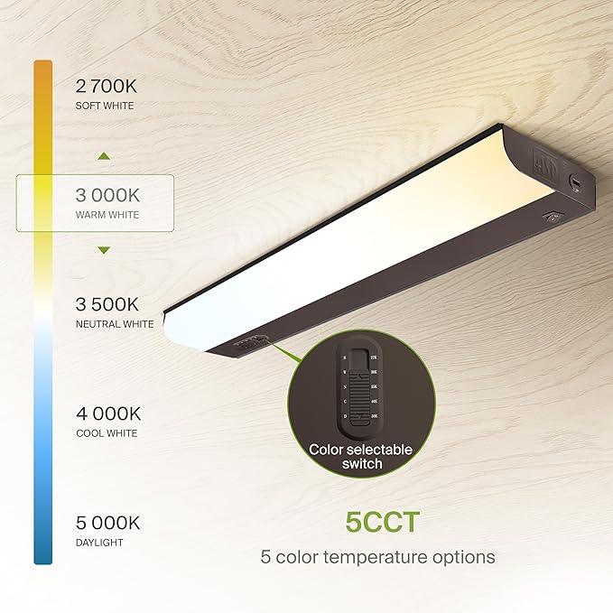 ASD 18 Inch Hardwired LED Under Cabinet Light, On/Off & 5CCT Switch 2700K-5000K, 10W 807LM CRI90+, Direct Wire Low Profile Linkable Fixture, Dimmable Under Counter Kitchen Lighting, Bronze, UL