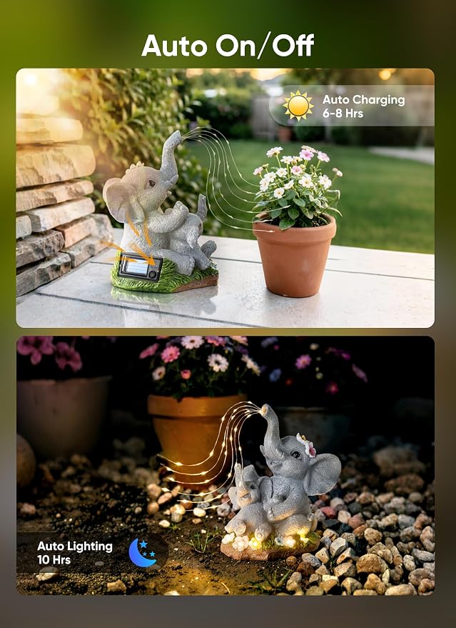 Brightown Solar-Elephant-Garden-Decor-Statue with Succulent & Watering LED Lights, Waterproof Outdoor Decor for Patio, Lawn, Balcony & Yard Decorations Outdoor, Unique Mothers Day Gifts for Mom Women