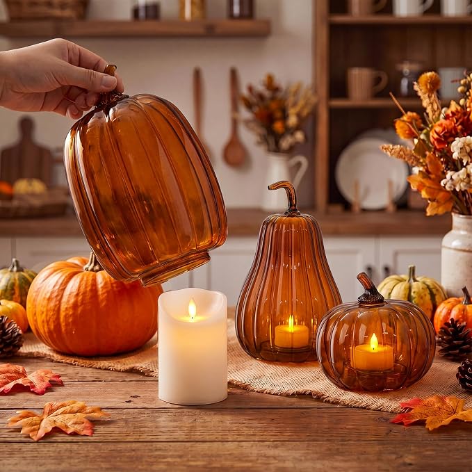 Yungyan Set of 3 Glass Pumpkin Lamp Shades Fall Decor,Brown | Pumpkin Candle Holder Rustic Thanksgiving Halloween Autumn Mantel Table Centerpiece Home Decoration, Lights Not Included
