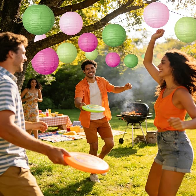 12 Pcs Paper Lanterns Party Decorations Pink Green Round Hanging Paper Lanterns Assorted Sizes Paper Lanterns for Birthday Baby Shower Wedding Bridal Shower Hawaiian Luau Jungle Theme Party Decoration