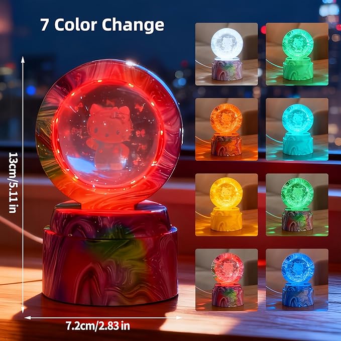 Cute Cartoon lamp,2.36 inch Rotatable 3D Crystal Ball Anime Night Light with 7 Colors Change,Color Box,Children's Room Decoration Holiday Gifts，Birthday Christmas Gifts (Pink)
